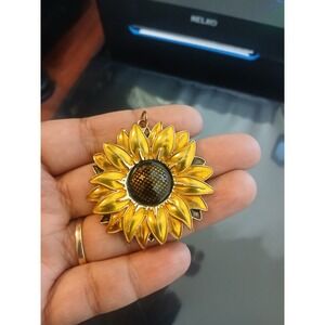 Yellow Enamel Sunflower Pendant Gold Tone Floral Charm Large 1.5 Inch
